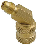 R-410A Refrigerant Fitting Adapter 1/4 SAE To 5/16 In, 1/2-20 UNF Brass Angle Swivel Connector For HVAC Service And Refrigeration, Durable Brass Construction, Snug Fit, Boss Grade, angled brass fitting