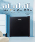 1.1 Cu Ft Upright Mini Freezer In Matte Black For Dorms And Small Bedrooms with sound level comparison on wall.