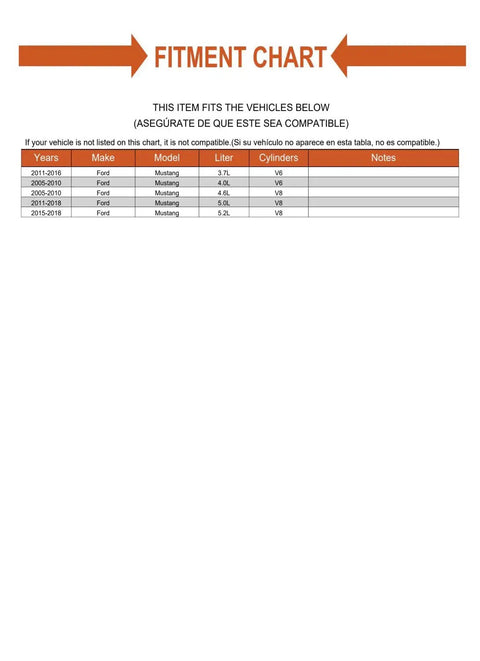 Fitment chart for Front Engine Motor Mount Left And Right Pair For Ford Mustang with model specifications from 2011 to 2018.