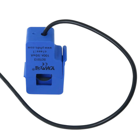 SCT-013 Blue Non Invasive AC Current Sensor With Split Core Clamp And One Meter Wire, showing the clamp and wire.