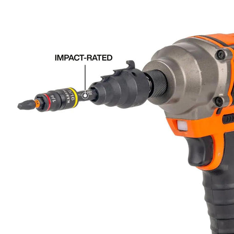 Close-up of Flip Socket Conduit Reamer 3-In-1 Impact Rated Tool for Half Inch Three Quarter Inch and One Inch Conduit with Magnetic Bit Holder in drill