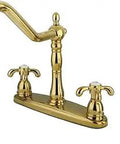 French Country Kitchen Faucet With Brass Sprayer, 8-5/8 Inch Victorian Spout, 4 Hole Install, Dope Polished Brass Finish