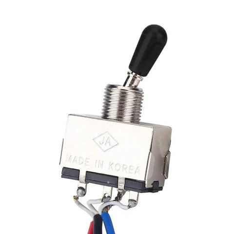 Close-up of a 3-way switch for 2 Volume 2 Tone Guitar Wiring Harness With 3 Way Switch 500K Pots Copper Shaft Sleeve Anti Aging Wires For LP Style Guitars Plug And Play Ready To Ship.