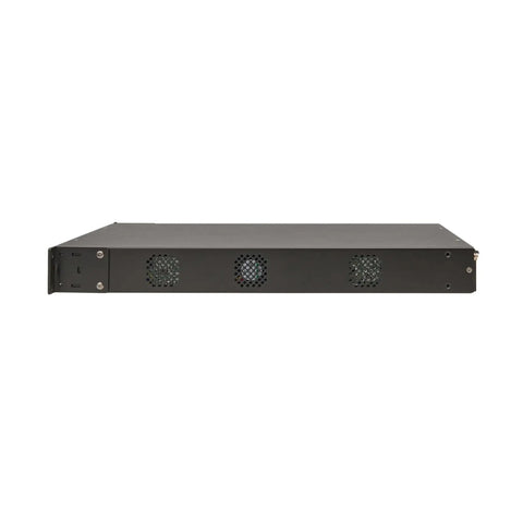 Heavy Duty 32 Port Rack Mount Kvm Over Ip Switch viewed from the side, showcasing vents and sturdy black metal design.