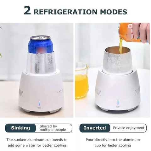 Lightning Quick Electric Cup Cooler Packing Semiconductor Cooling And Smart Touch Interface That Slaps Cans On The Base And Drops Drinks To Freezing In Minutes For Dead Nuts Cold Beer And Sodas with two modes displayed.