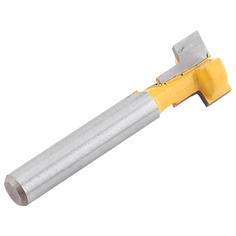Premium Yellow T Slot Router Bit Set Perfect For Woodworking Pros Wanting Durable Cutters With Carbide Edges For Electric Trimmers In Both 3/8 And 1/2 Inch Sizes For Awesome DIY Projects And Serious Shop Work, showing a close-up of a carbide router bit.