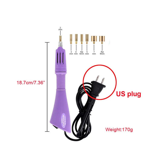 Rhinestone Applicator Kit With Rhinestones Pro Iron On Setter Tool 7 In 1 Hot Fix Wand For Crystal Gems Crafting Fashion Accessories Purple For DIY Projects, showing interchangeable tips and US plug