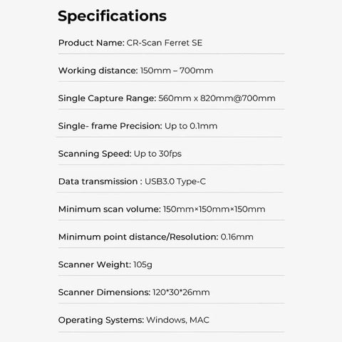 Specifications for High Precision Portable Handheld 3D Scanner With Knockout Zero Point One Mm Accuracy And Straight Fire 30 Fps Capture