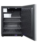 Interior view of No Fuss Frost Free Under Counter Upright Freezer Slick Stainless Steel Digital Temp Dial Built Into 24 Inch Spaces Freestanding, showcasing shelves and ice maker.