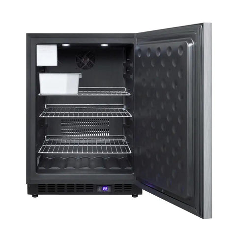 Interior view of No Fuss Frost Free Under Counter Upright Freezer Slick Stainless Steel Digital Temp Dial Built Into 24 Inch Spaces Freestanding, showcasing shelves and ice maker.