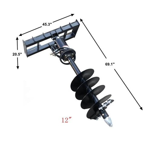 Beefy Skid Steer Post Hole Auger Drive Attachment 12 Inch Diameter 46 Inch Drilling Depth Standard Flow Universal Quick Attach