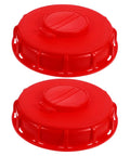 Two Pack Red Abs Ibc Container Lid Covers With Vent Holes And Valve Caps For Secure Sealing Quick Liquid Access Smooth Flow Protection On 550 Gallon Water Barrels, showing two red PP plastic lids.