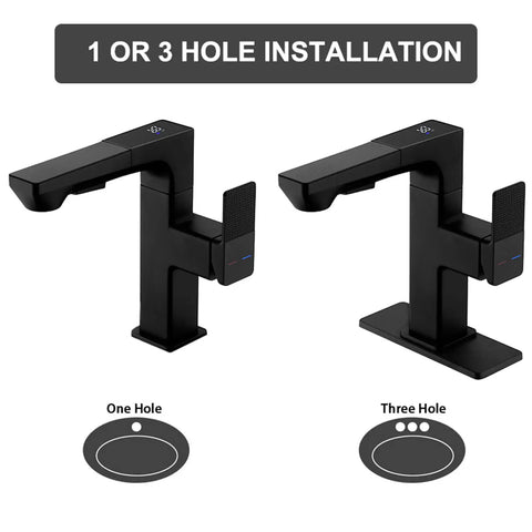 LED Temperature Display Matte Black Bathroom Faucet With Pull Out Sprayer for 1 or 3 hole sinks, two installation options shown
