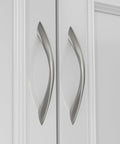 Brushed Nickel Cabinet Pulls 10 Pack Arch Twisted Drawer Handles 3 Inch Hole Center 76mm installed on white cabinet doors