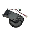 Side view of omni-directional front wheel assembly for Roborock vacuum, black plastic housing with wiring harness.
