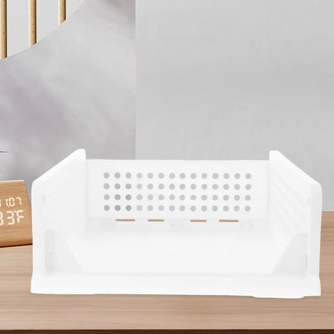 Straight Up Sleek White Plastic Foldable Storage Basket Pull Out Wardrobe Drawer Organizer For Clothes Books Makeup Nifty Space Saver Bin That Kicks Clutter To The Curb Fast on wooden surface.