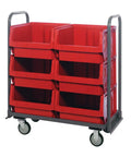 Kickass Carbon Steel Tote Truck With Twin Comfort Handles And Six Bright Red Storage Bins For Heavy Duty Warehouse Hauling All Welded Industrial Cart rolls smoothly with red bins.