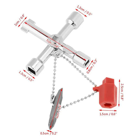 Ten Piece 5 In 1 Cross Key Set with Heavy Duty Zinc Alloy Build showing dimensions and red attachment on chain