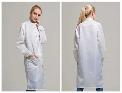 Top Shelf ESD Anti Static Lab Coat With Stand Collar Zipper Closure Heavy Duty Polyester Blend Long Sleeve shown from front and back.