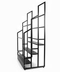 No Fuss Heavy Duty Three Tier Commercial Textile Fabric Roll Organizer Built Like A Tank With Detachable Rods For Vinyl Spools Keeping Your Workroom Tidy And Rolling Right, black steel construction, side view.