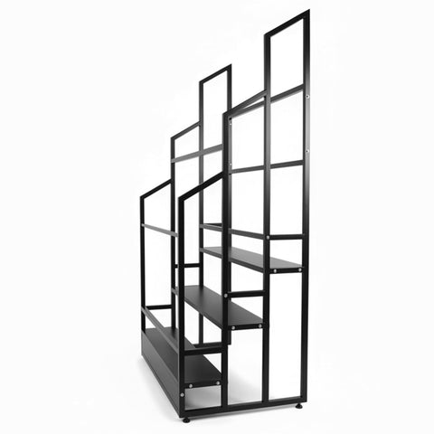 No Fuss Heavy Duty Three Tier Commercial Textile Fabric Roll Organizer Built Like A Tank With Detachable Rods For Vinyl Spools Keeping Your Workroom Tidy And Rolling Right, black steel construction, side view.