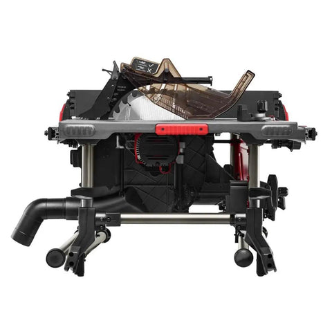 Solid 15 Amp 10 Inch Table Saw Featuring Kickass Precision Cuts And Rack And Pinion Fence Rails For Dead On Accuracy Plus Foldaway Legs side view with rack and pinion fence.
