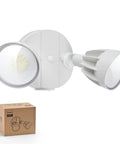 Side view of Dusk To Dawn 44W 3500LM LED Security Flood Light with dual adjustable heads, aluminum wall mount, and packaging box visible.