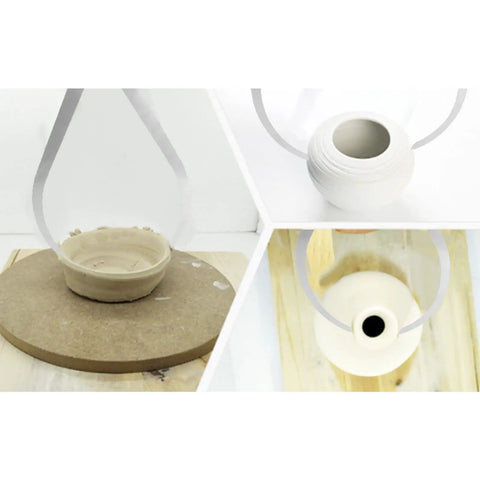 Top Tier 10 Inch Bent Leg Stainless Steel Caliper Tool For Pottery Clay Sculpting measuring a round clay bowl and vase.