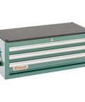 Three Drawer Mid Riser Cabinet With Ball Bearing Slides In Green Powder Coated Finish for heavy duty tool storage in garage.