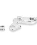 Silver metal derailleur hanger replacement for Trek Giant Fuji Schwinn Scott Kona bikes, includes screw, ensures smooth gear changes.