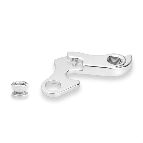 Silver metal derailleur hanger replacement for Trek Giant Fuji Schwinn Scott Kona bikes, includes screw, ensures smooth gear changes.
