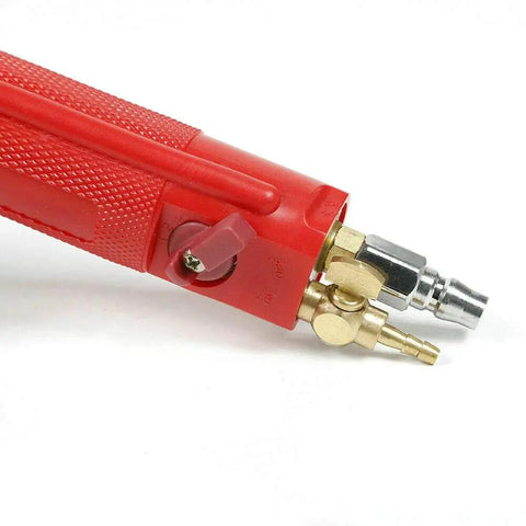 Close-up of a red handle and metal connectors on a 4 Inch Pneumatic Wet Stone Polisher With Water Feed For Marble And Granite