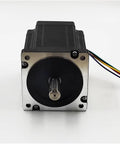 NEMA 34 stepper motor, front view: black body with silver mounting face, exposed shaft, multi-colored wires