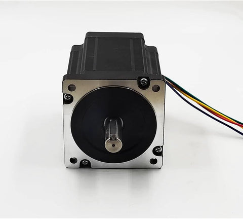 NEMA 34 stepper motor, front view: black body with silver mounting face, exposed shaft, multi-colored wires