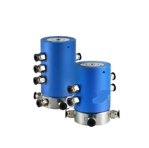 Top Notch Pneumatic Slip Ring With Hollow Rotary Build For Slick 360 Turning And No Fuss Oil Hydraulic Sealing Across Multi Pipelines At High Speeds With Rock Solid 10 In 10 Out G3/8 Threaded Hookups Plug And Play For Workshop Rig Jobs, blue rotary connectors with multiple threaded ports.