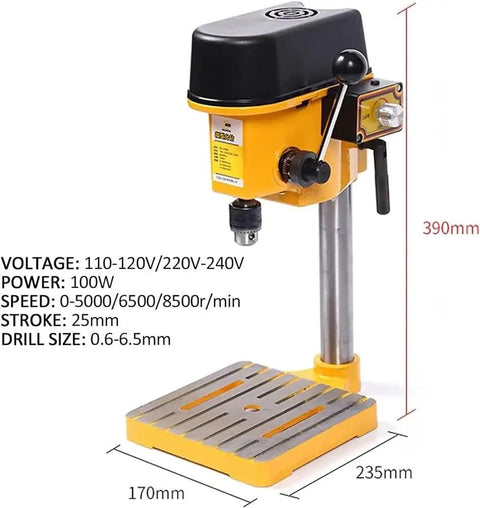 DIY Small Vertical Electric Drill With Adjustable Stroke And Speed Copper Motor Precision Drilling Machine side view