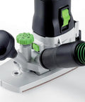 Close-up of MFK 700 EQ Modular Trim Router Set with 720W motor, showing detachable cord and ultra wide vertical base.