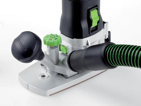 Close-up of MFK 700 EQ Modular Trim Router Set with 720W motor, showing detachable cord and ultra wide vertical base.