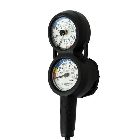 Three Gauge Analog Dive Console with compass, depth and pressure gauges, braided hose, glowing gauge face, easy readability.