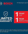 Bosch 12V measuring and layout tools warranty details with 1-year coverage for tool and charger; registration instructions included.