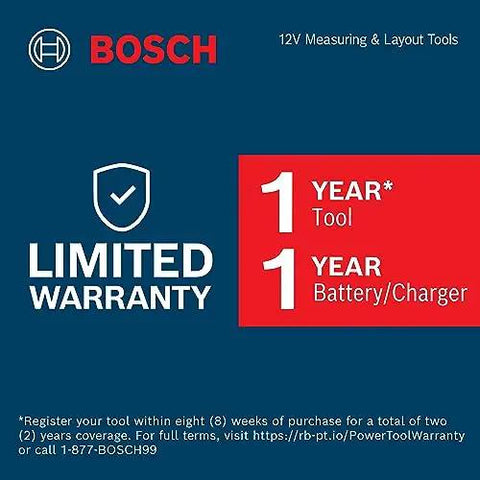 Bosch 12V measuring and layout tools warranty details with 1-year coverage for tool and charger; registration instructions included.
