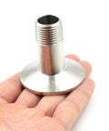 Close-up of stainless Beduan 1.5-inch tri-clamp to 1/2-inch NPT male sanitary fitting