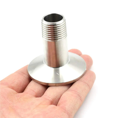 Close-up of stainless Beduan 1.5-inch tri-clamp to 1/2-inch NPT male sanitary fitting