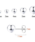 Lightweight Silver Stud Earrings Set For Women, 925 sterling silver ball studs, 2mm to 6mm sizes, side view with butterfly back
