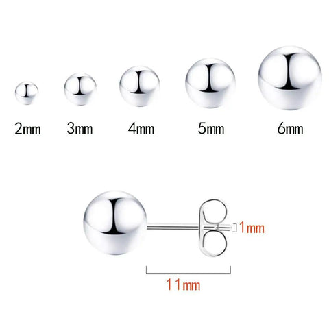 Lightweight Silver Stud Earrings Set For Women, 925 sterling silver ball studs, 2mm to 6mm sizes, side view with butterfly back