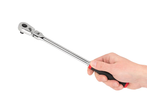 Hand holding Three Eighths Inch Drive Flex Head Long Ratchet With Quick Release Comfort Grip, 12 Inch Reach, 90 Tooth Gear, 180 Degree Flex