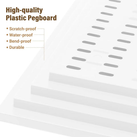 Modular Plastic Pegboard Wall Organizer 4 Pack 12x12 Inch Panels showing durable white panels with scratch-proof and water-proof features.