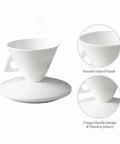 Classic White Bone China Espresso Cup And Saucer Set Designed For Your Daily Coffee Grind Holds 3.4 Ounces Of Precision Shots, showcasing smooth glazed finish and unique handle design.