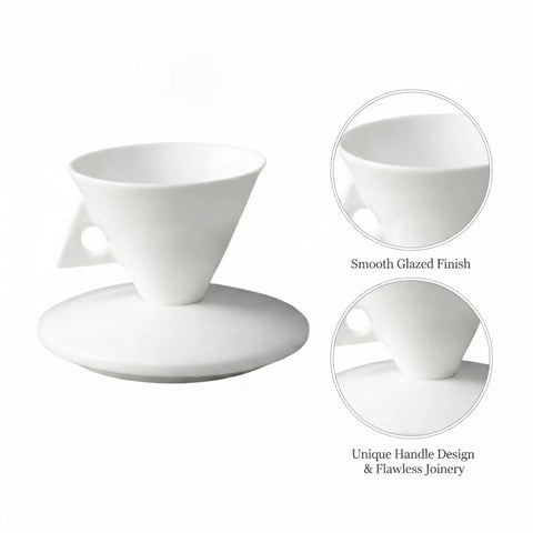 Classic White Bone China Espresso Cup And Saucer Set Designed For Your Daily Coffee Grind Holds 3.4 Ounces Of Precision Shots, showcasing smooth glazed finish and unique handle design.