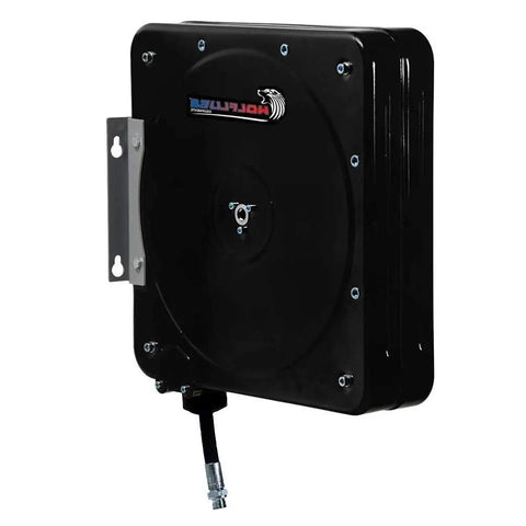 Heavy Duty Automatic Hose Reel For No Nonsense Grease Tasks With 30 Foot Black Synthetic Tubing and 3/8 Inch Zinc Plated Connectors